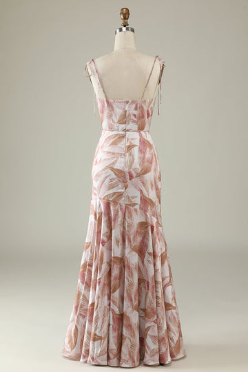 Blush Mermaid Square Neck Floral Print Bright Satin Boho Bridesmaid Dress